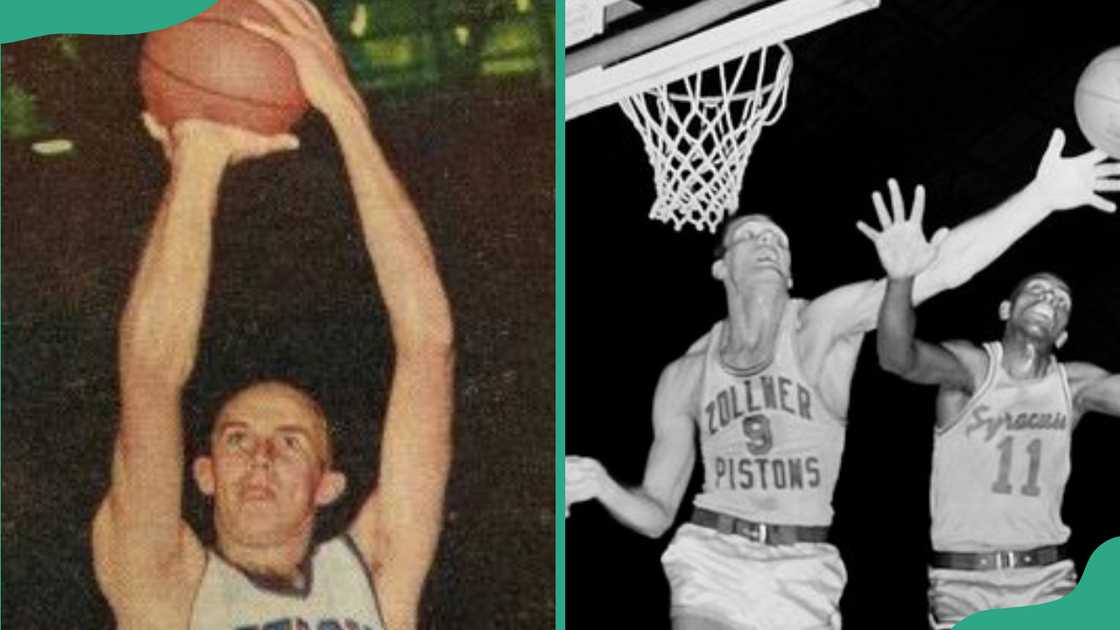 George Yardley dribbles a ball during a game George Yardley dribbles a ball during a game