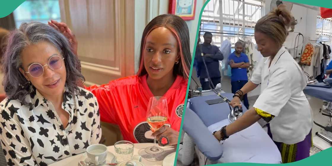 DJ Cuppy and Mum, DJ Cuppy at mum's dry cleaning services DJ Cuppy and Mum, DJ Cuppy at mum's dry cleaning services