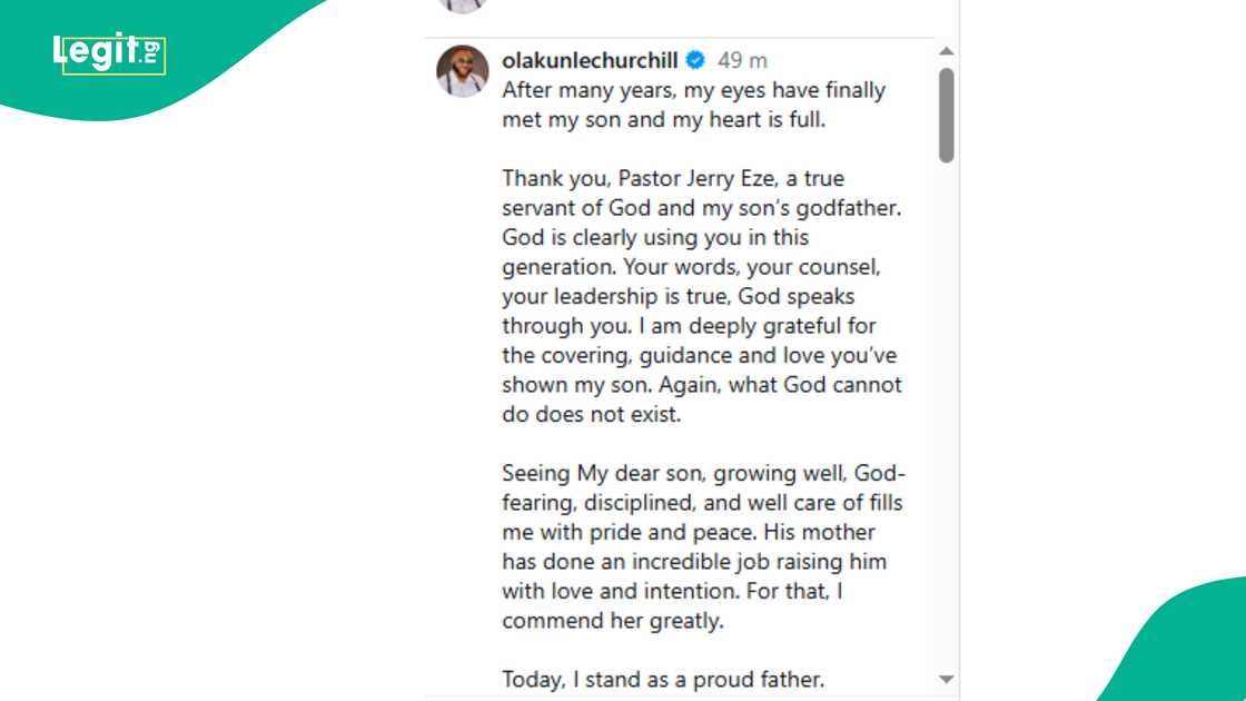 Olakunle Churchill expresses joy over his son's growth.