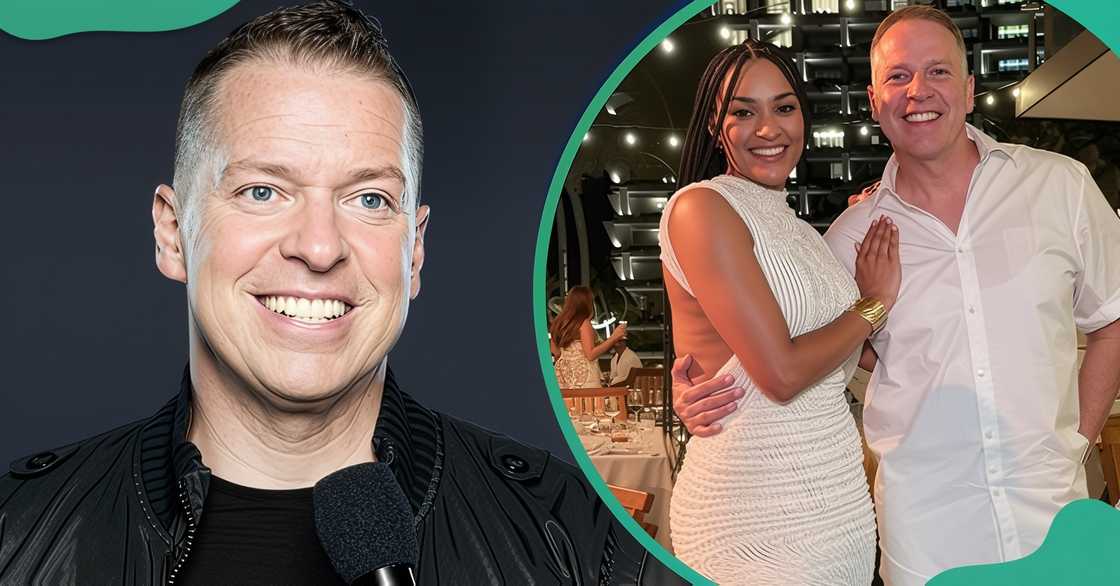 Gary Owen poses for a promotional poster for a comedy show. Gary Owen and his new wife, Brianna Johnson, pose in all white outdoors.