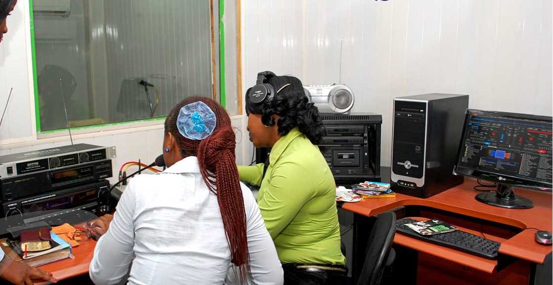 Two students at the university's mass communication laboratory