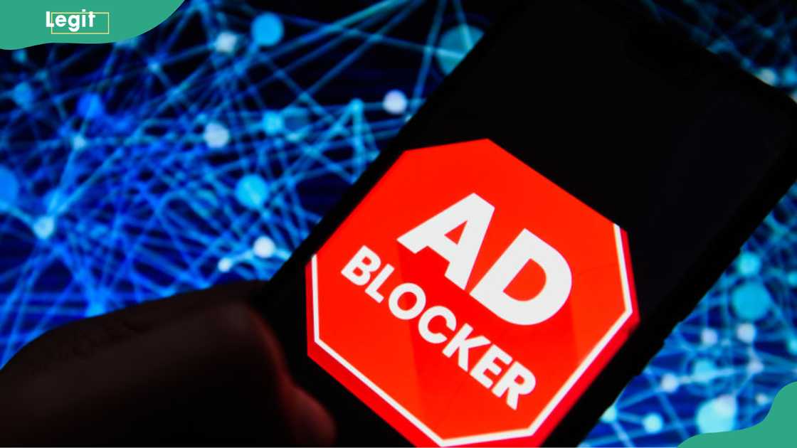 AD blocker logo is seen on an android mobile phone AD blocker logo is seen on an android mobile phone