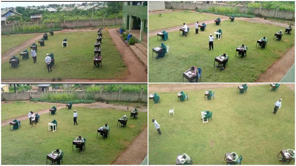 The students were well-spaced on the field. The students were well-spaced on the field.