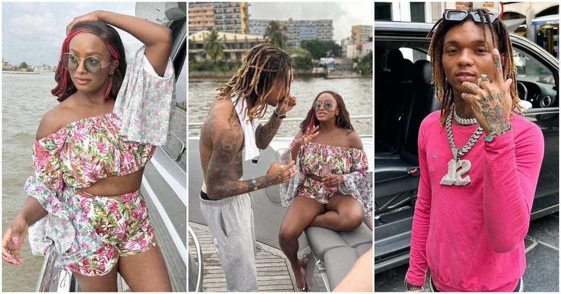 Photos of DJ Cuppy with US rapper Swae Lee on a boat.