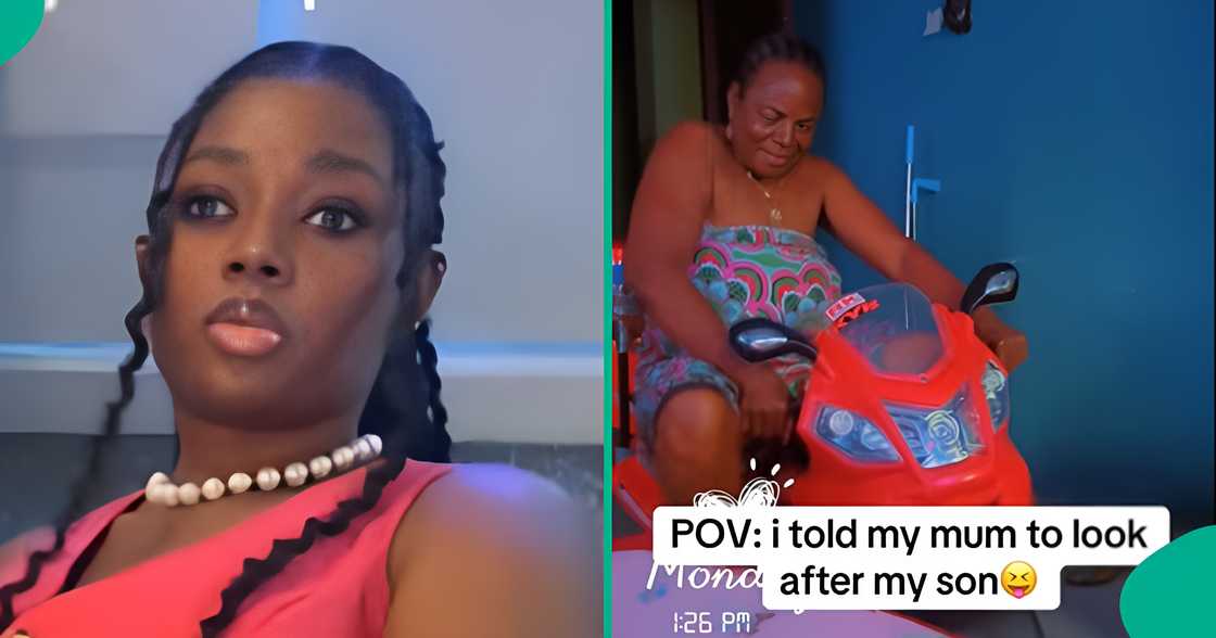 A Nigerian lady finds her mum riding her little son’s toy bike after asking her to help her babysit him. A Nigerian lady finds her mum riding her little son’s toy bike after asking her to help her babysit him.