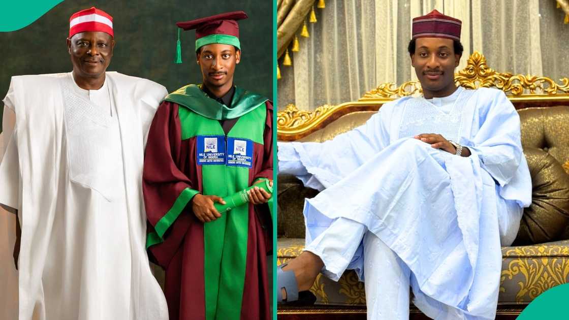 Former Kano State Governor Rabiu Musa Kwankwaso poses with his son Alamin during his graduation from Nile University of Nigeria
