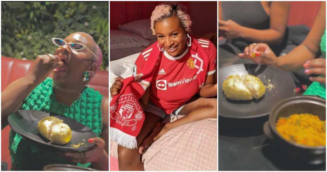 DJ Cuppy reacts to Man U's loss, eats gold-plated pounded yam