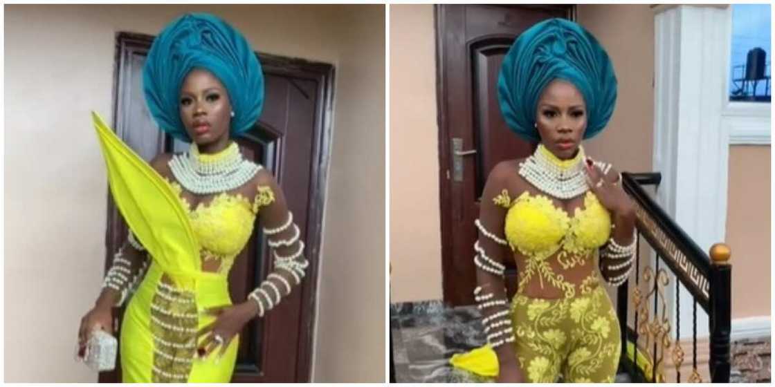 Photos of the designer in a yellow dress. Photos of the designer in a yellow dress.
