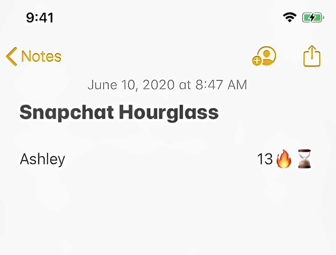 A screenshot showing snapchat hour glass emoji and fire emoji