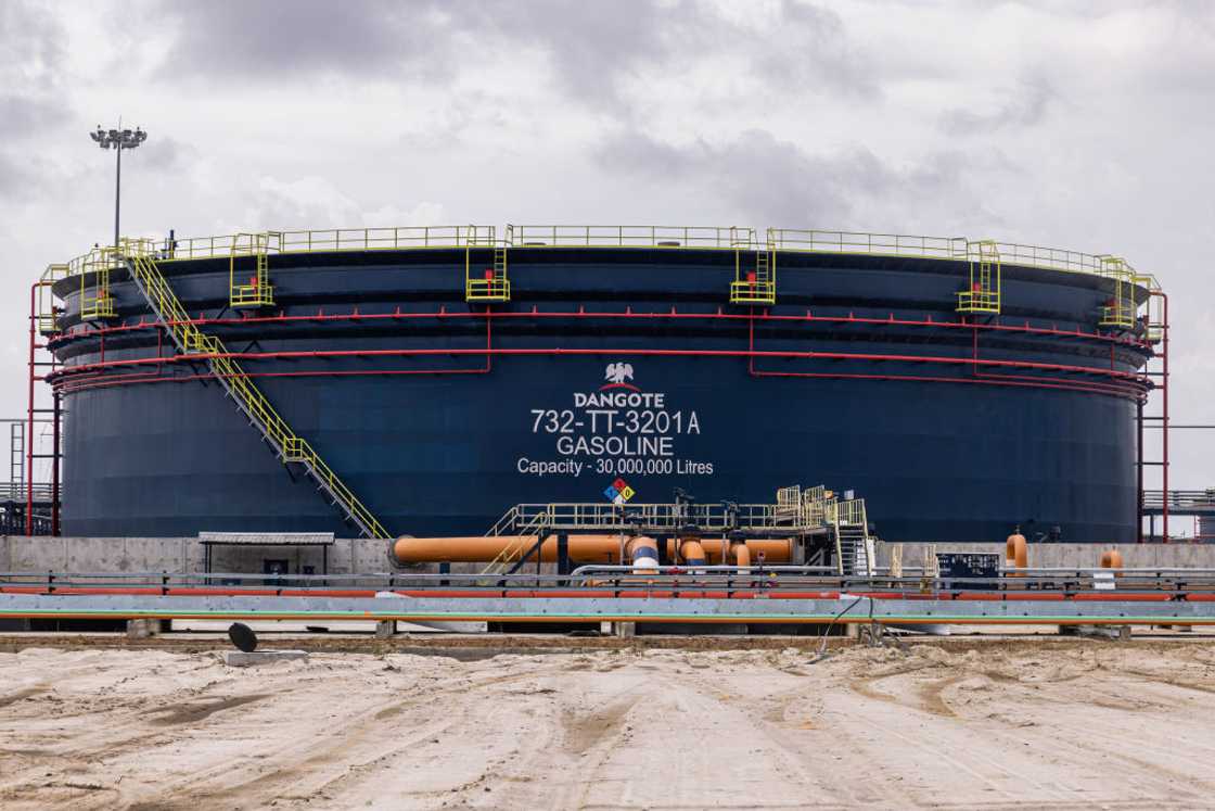 A gasoline storage tank at the Dangote Industries Ltd. oil refinery and fertilizer plant