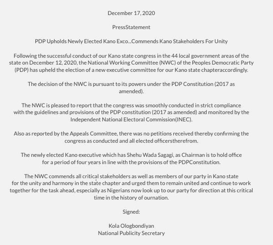 Shehu Wada Sagagi ne zababben Shugaban Jam’iyyar PDP a Jihar Kano Inji NWC Shehu Wada Sagagi ne zababben Shugaban Jam’iyyar PDP a Jihar Kano Inji NWC