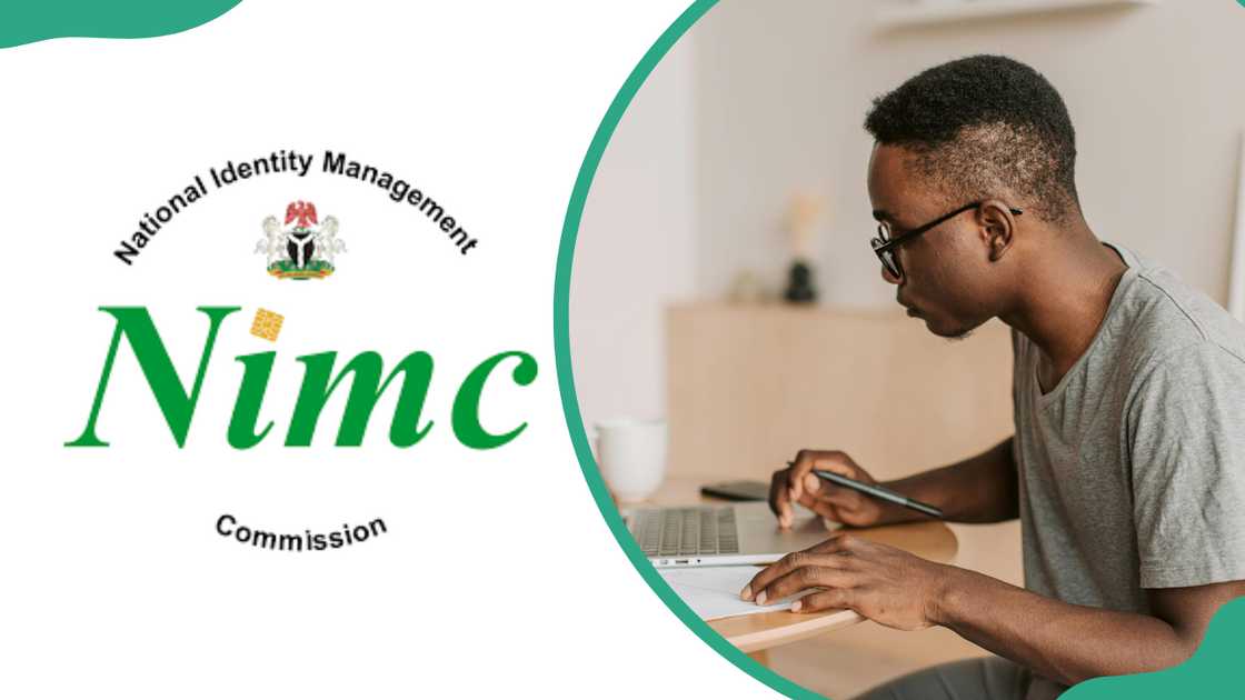 The NIMC logo and a young man in a grey tee is pictured using a laptop