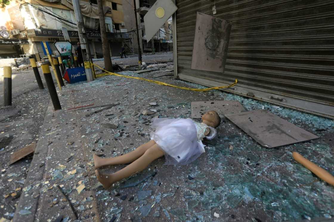 A manequin surrounded by glass shards following Israeli strikes on south Beirut