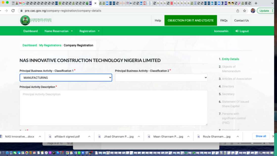 Screenshot showing the procedures for company registration in Nigeria. Screenshot showing the procedures for company registration in Nigeria.