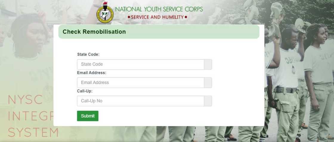 A screenshot of the NYSC remobilisation page A screenshot of the NYSC remobilisation page