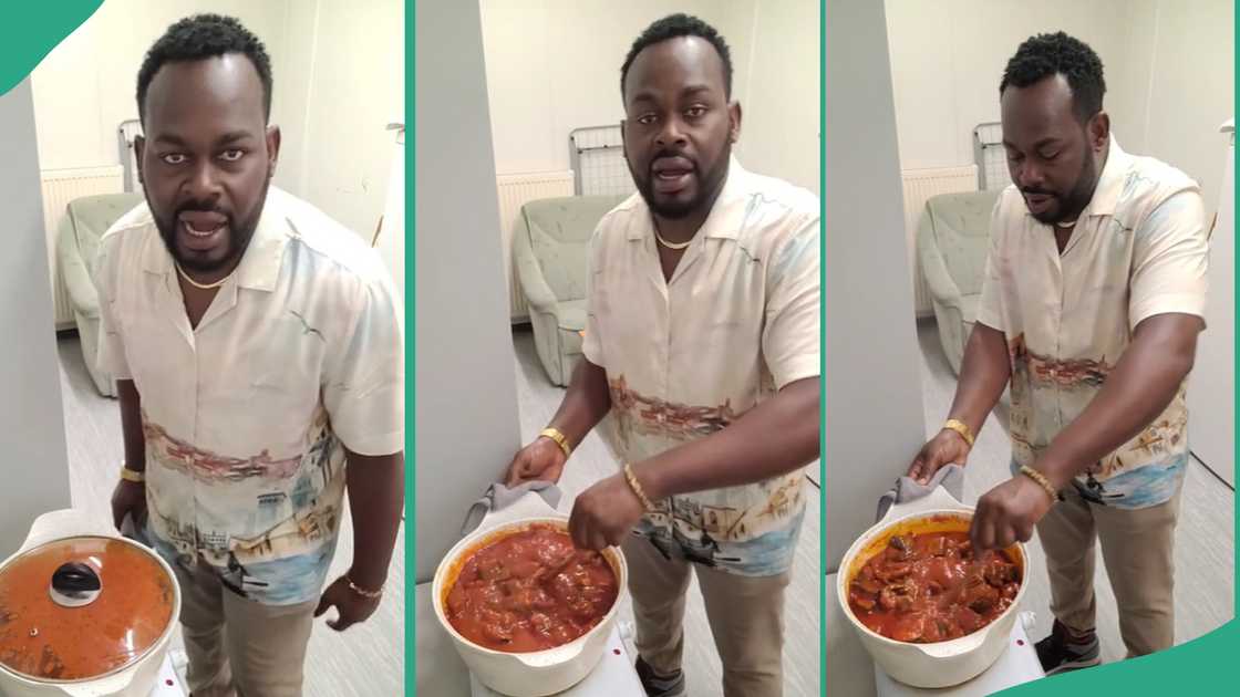 Man shows delicious-looking stew he made. Man shows delicious-looking stew he made.