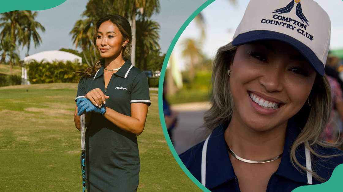 Tisha Alyn standing on a golf course, holding a golf club (L). Alyn wearing a white cap with the "COMPTON COUNTRY" logo (R)