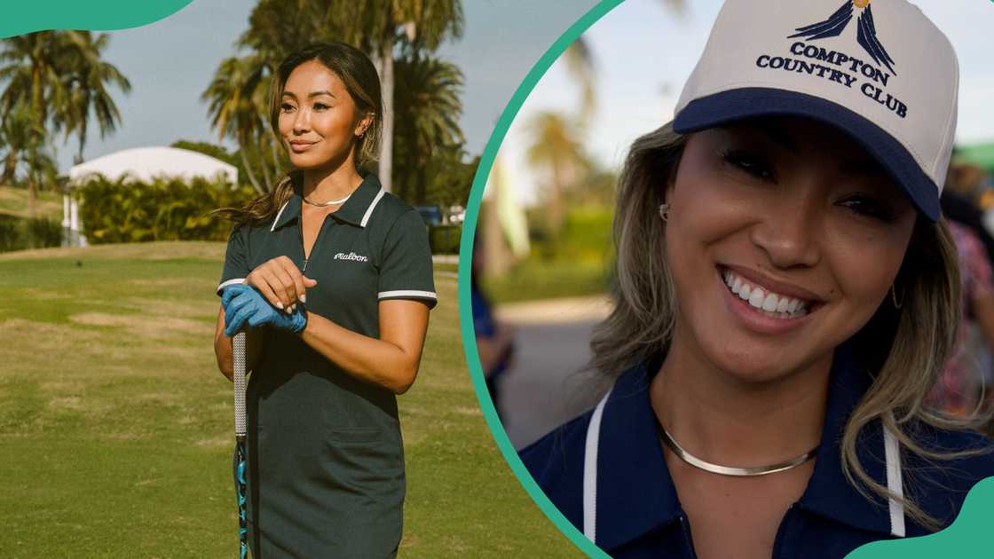 Tisha Alyn standing on a golf course, holding a golf club (L). Alyn wearing a white cap with the "COMPTON COUNTRY" logo (R) Tisha Alyn standing on a golf course, holding a golf club (L). Alyn wearing a white cap with the "COMPTON COUNTRY" logo (R)