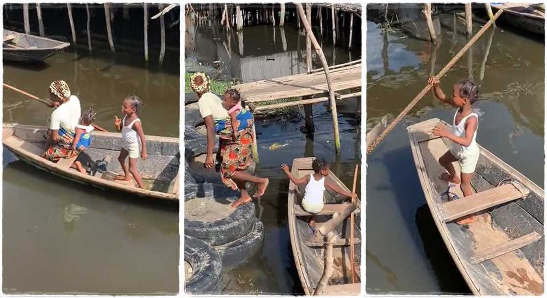 Photos of a mother paddling a wooden boat with her baby on her back.