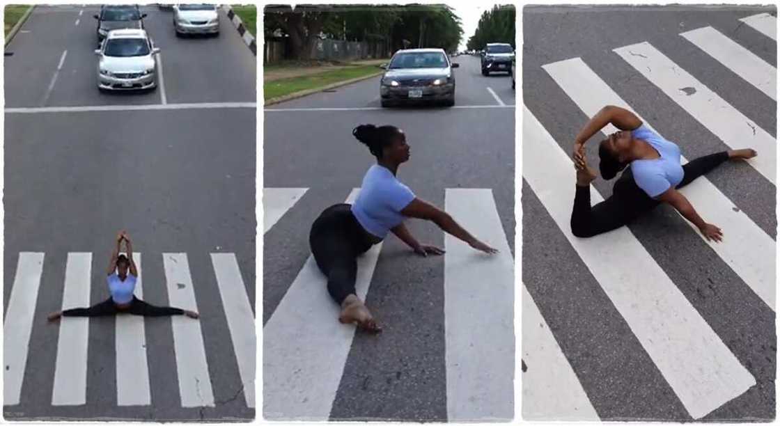 Photos of a Barbara Hills, a lady performing yoga in the middle of an expressway. Photos of a Barbara Hills, a lady performing yoga in the middle of an expressway.
