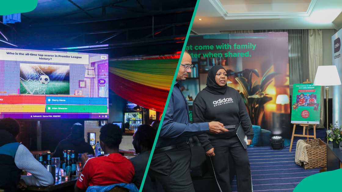 People watching football. A man and a woman operating a DStv channel. People watching football. A man and a woman operating a DStv channel.