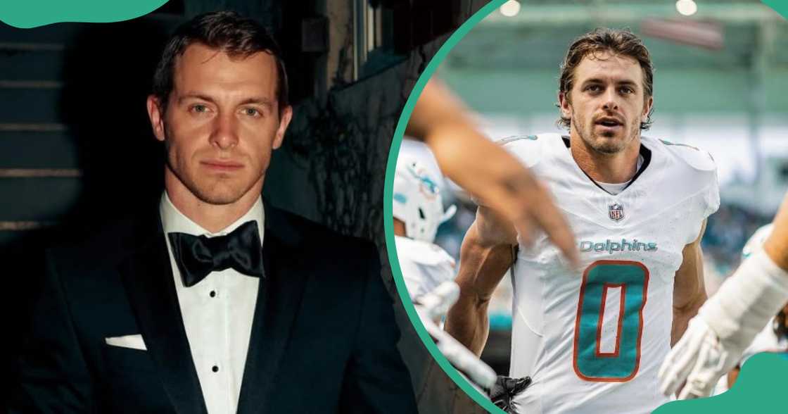 Braxton Berrios poses in a black suit and walks onto the field. Braxton Berrios poses in a black suit and walks onto the field.