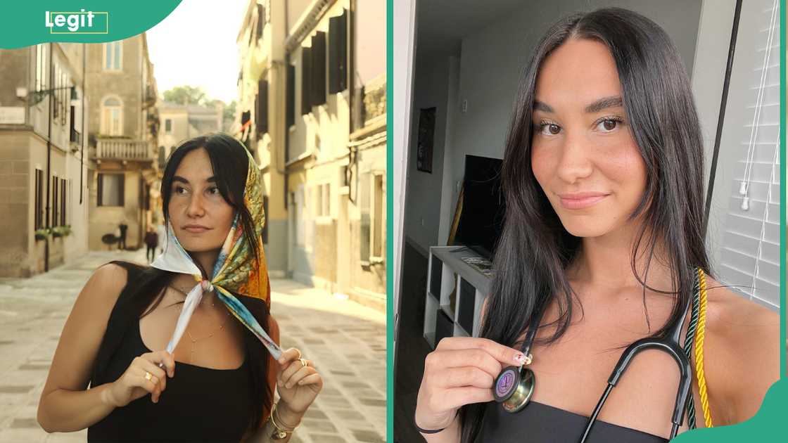 Cheyanne in Venice, Italy (L). Cheyanne in a room with a stethoscope on her neck (R). Cheyanne in Venice, Italy (L). Cheyanne in a room with a stethoscope on her neck (R).