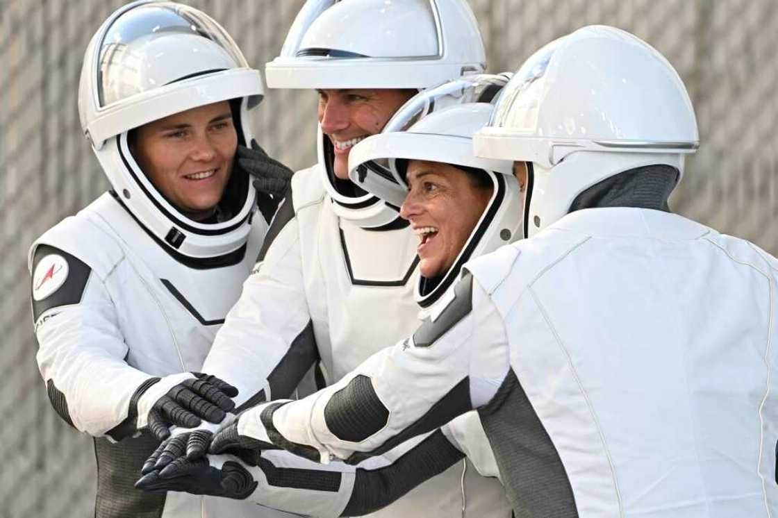 (L-R) Russian cosmonaut Anna Kikina, NASA astronaut Josh Cassada, NASA astronaut Nicole Mann, and Japanese astronaut Koichi Wakata (L-R) Russian cosmonaut Anna Kikina, NASA astronaut Josh Cassada, NASA astronaut Nicole Mann, and Japanese astronaut Koichi Wakata