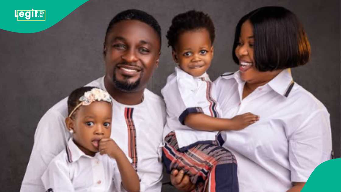 Nollywood celebrity couple Adeniyi Johnson, Seyi Edun and their twin children.