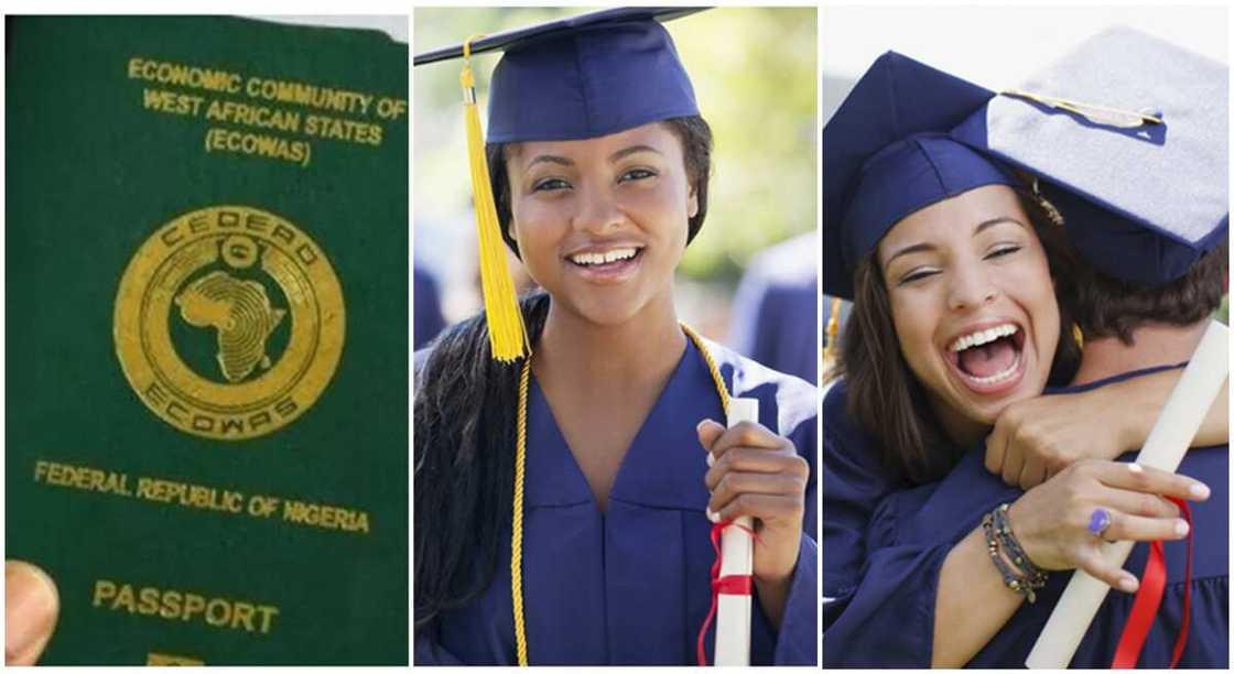 Photo of Nigerian International Passport and photos of students in graduation gown. Photo of Nigerian International Passport and photos of students in graduation gown.