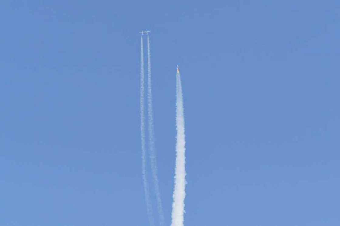 The Virgin Galactic SpaceShipTwo space plane Unity and mothership separate as they fly way above Spaceport America in New Mexico on July 11, 2021 The Virgin Galactic SpaceShipTwo space plane Unity and mothership separate as they fly way above Spaceport America in New Mexico on July 11, 2021