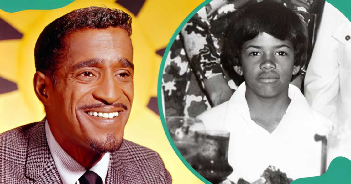 Sammy Davis Jr. is pictured sitting against a yellow background (L). The singer's son, Mark is pictured sitting in a family portrait (R).