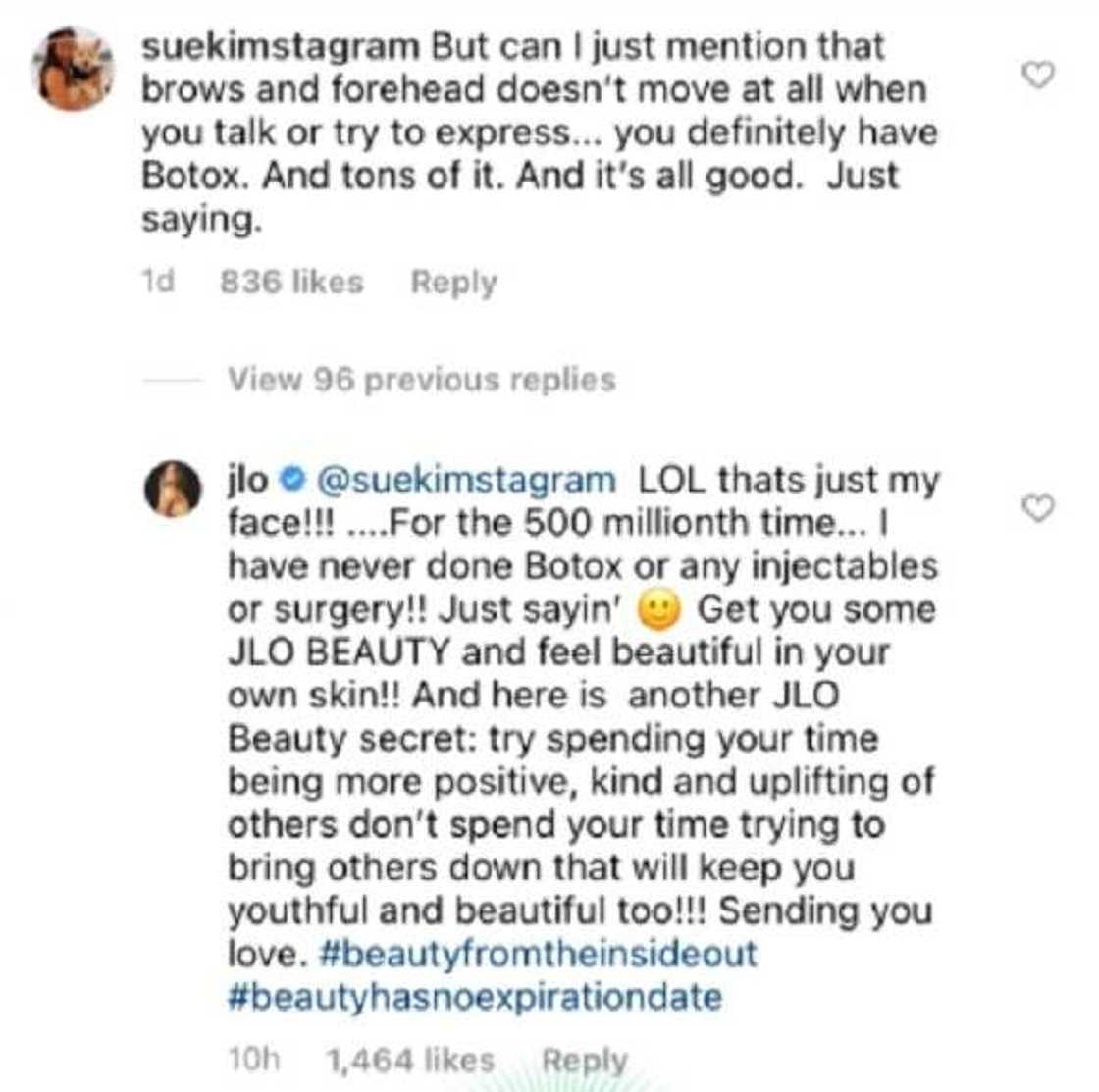 Jennifer Lopez answers fan who accused her of having ‘tons of Botox’ Jennifer Lopez answers fan who accused her of having ‘tons of Botox’