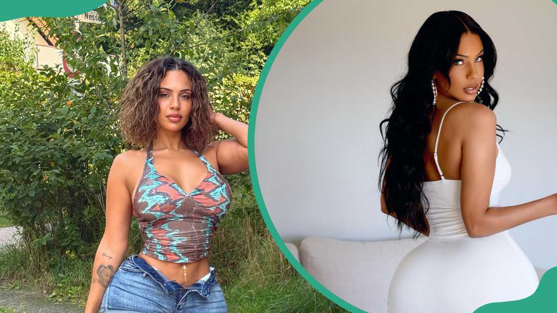 Amirah Dyme poses in a colourful halter top and denim shorts, and in a white dress Amirah Dyme poses in a colourful halter top and denim shorts, and in a white dress