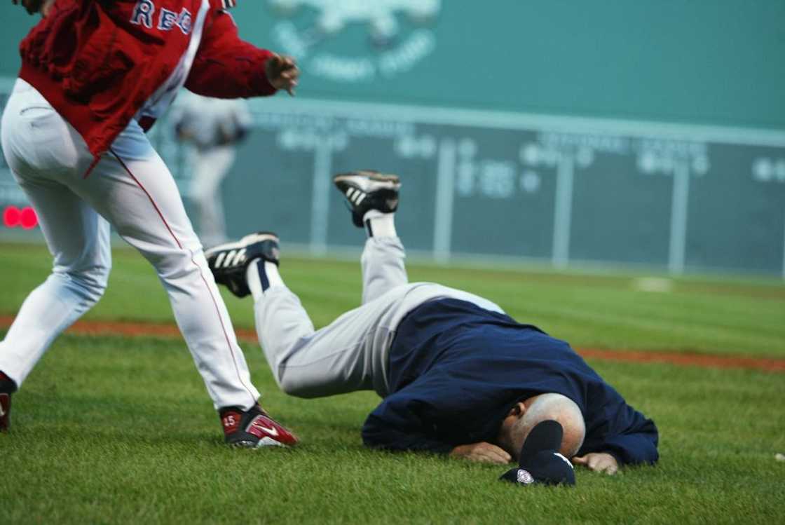 Pedro Martinez (L) throws coach Don Zimmer to the ground at Fenway Park. Pedro Martinez (L) throws coach Don Zimmer to the ground at Fenway Park.