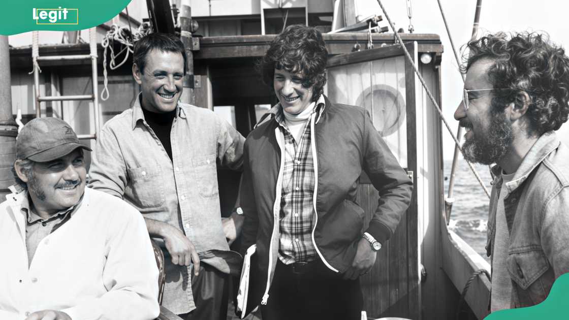 Robert Shaw, Roy Scheider, Steven Spielberg, and Richard Dreyfuss on a boat Robert Shaw, Roy Scheider, Steven Spielberg, and Richard Dreyfuss on a boat