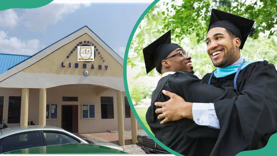 Bingham University library (L). College male graduates hugging and smiling (R) Bingham University library (L). College male graduates hugging and smiling (R)