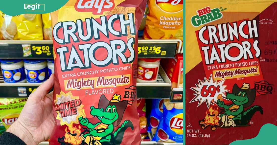 A bag (L) and a box (R) of Lay's Crunch Tators.