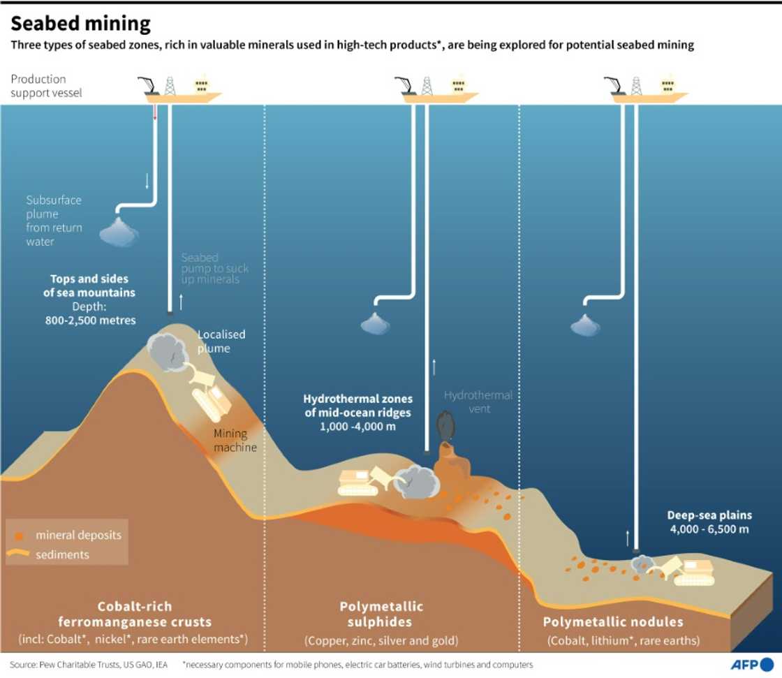 Graphic showing the three different types of seabed zones being explored for potential mining Graphic showing the three different types of seabed zones being explored for potential mining