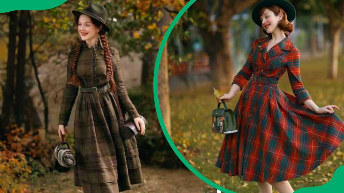 A woman wearing a gorgeous flannel dress
