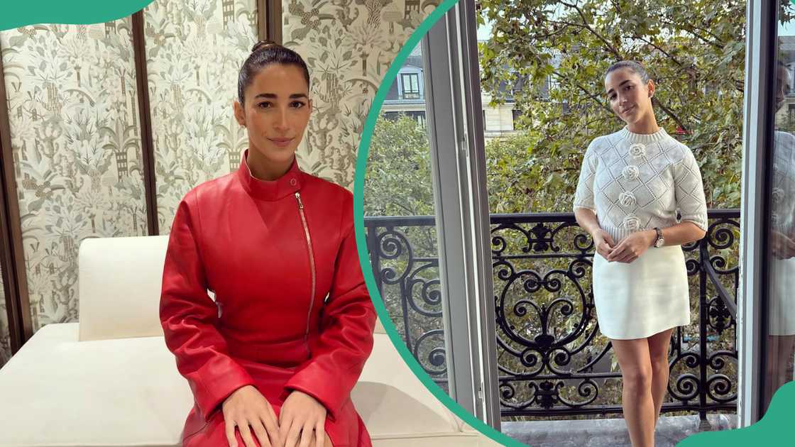 Aly Raisman posing while sitting on a white couch (L). The former gymnastic posing in a white dress (R).