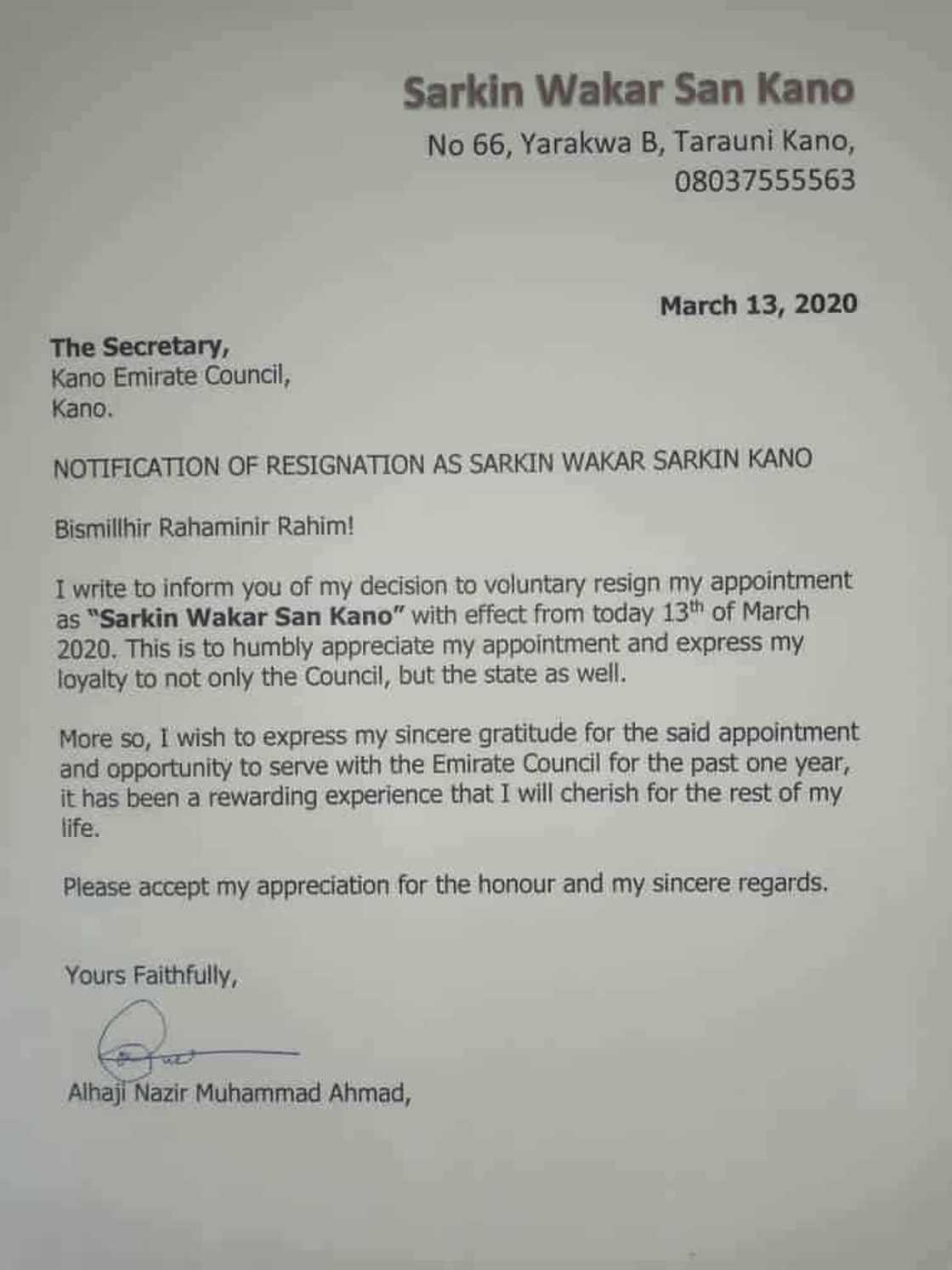 Nazir Sarkin wakar San Kano ya ajiye sarautar da Sanusi ya bashi Nazir Sarkin wakar San Kano ya ajiye sarautar da Sanusi ya bashi