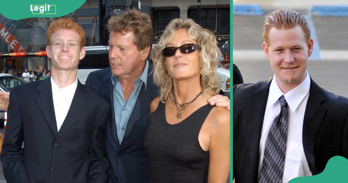 A young Redmond poses with his parents, Ryan O'Neal and Farrah Fawcett (R). The voice actor was pictured arriving at LAX Courthouse (L). A young Redmond poses with his parents, Ryan O'Neal and Farrah Fawcett (R). The voice actor was pictured arriving at LAX Courthouse (L).