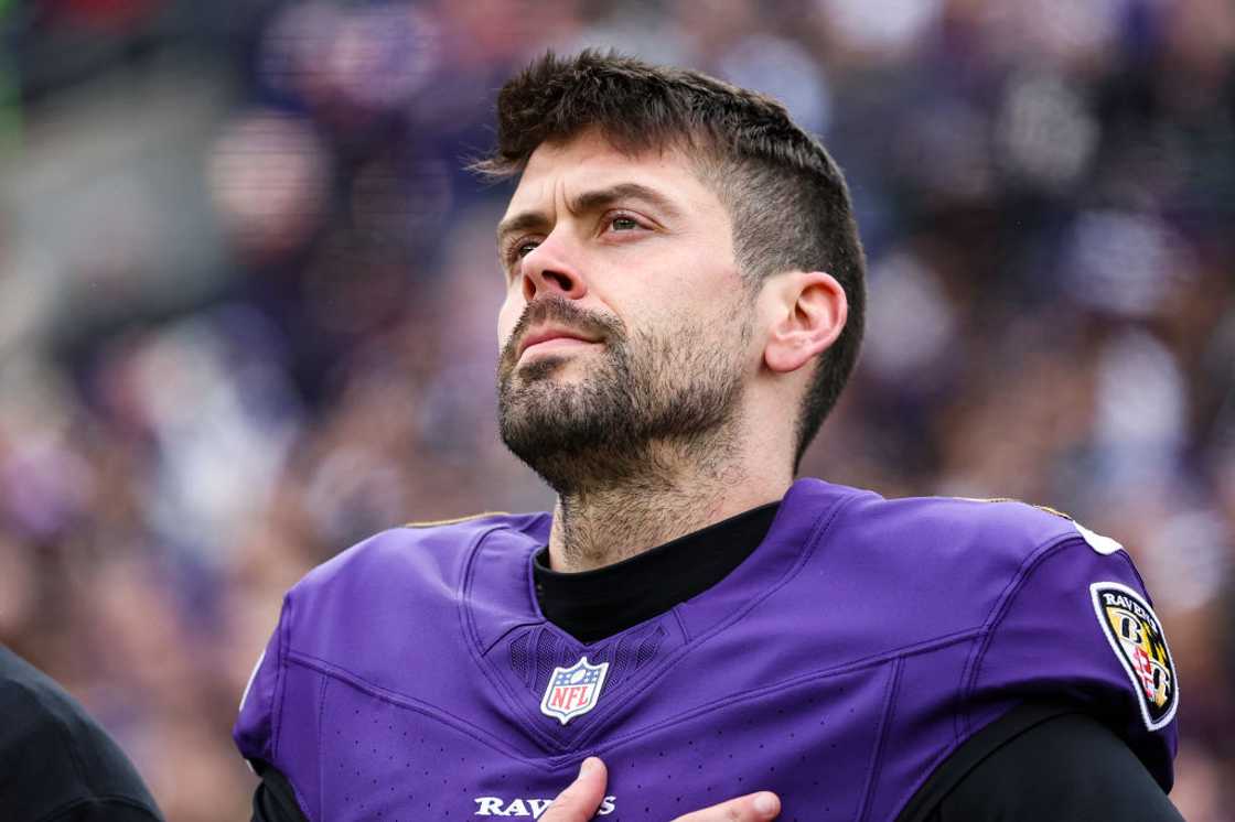 Justin Tucker during the national anthem at the AFC Championship game against the Chiefs