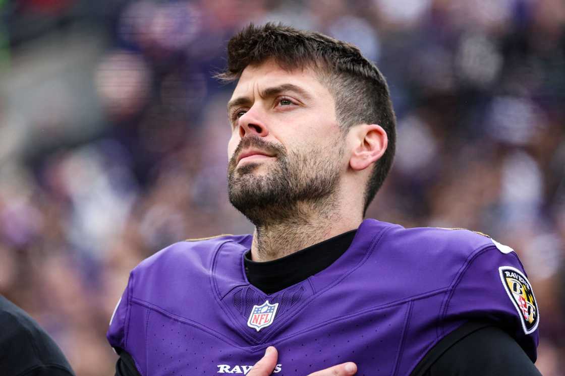 Justin Tucker during the national anthem at the AFC Championship game against the Chiefs Justin Tucker during the national anthem at the AFC Championship game against the Chiefs