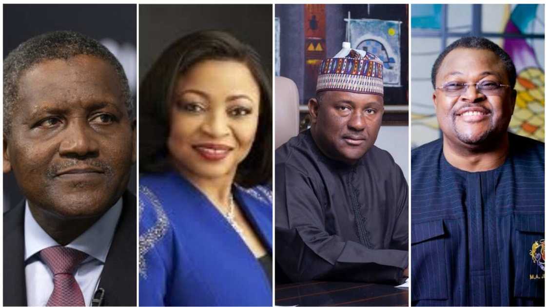 A collage showing Aliko Dangote, Folorunsho Alakija, Abdulsalam Rabiu, and Mike Adenuga.
Photos sources: Wei Leng Tay, Forbes, Entrepreneurs NG