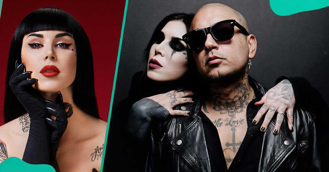 Kat Von D poses holding her face. The tattoo artist poses behind her husband, Leafar Seyer.