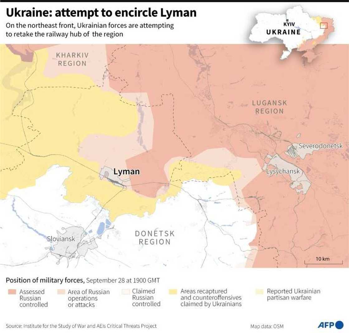 Map showing the city of Lyman in the northeast of Ukraine and the position of Russian and Ukrainian forces Map showing the city of Lyman in the northeast of Ukraine and the position of Russian and Ukrainian forces
