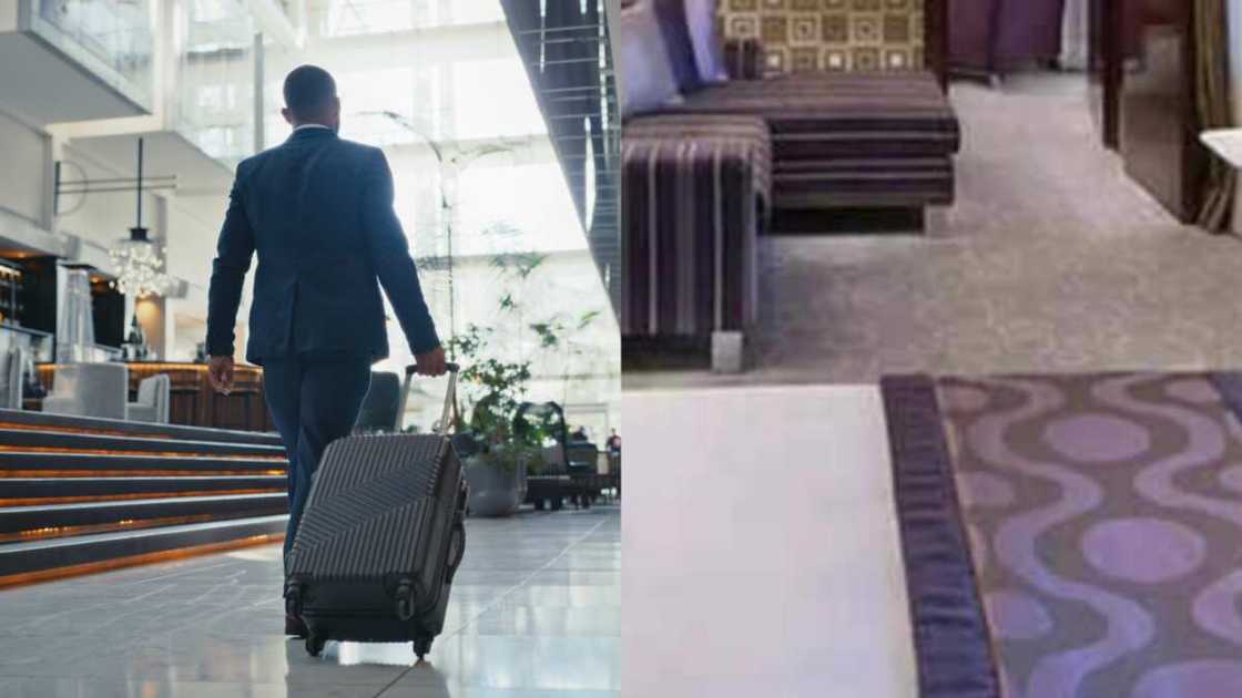 Photo of hotel room and a man in suite Photo of hotel room and a man in suite