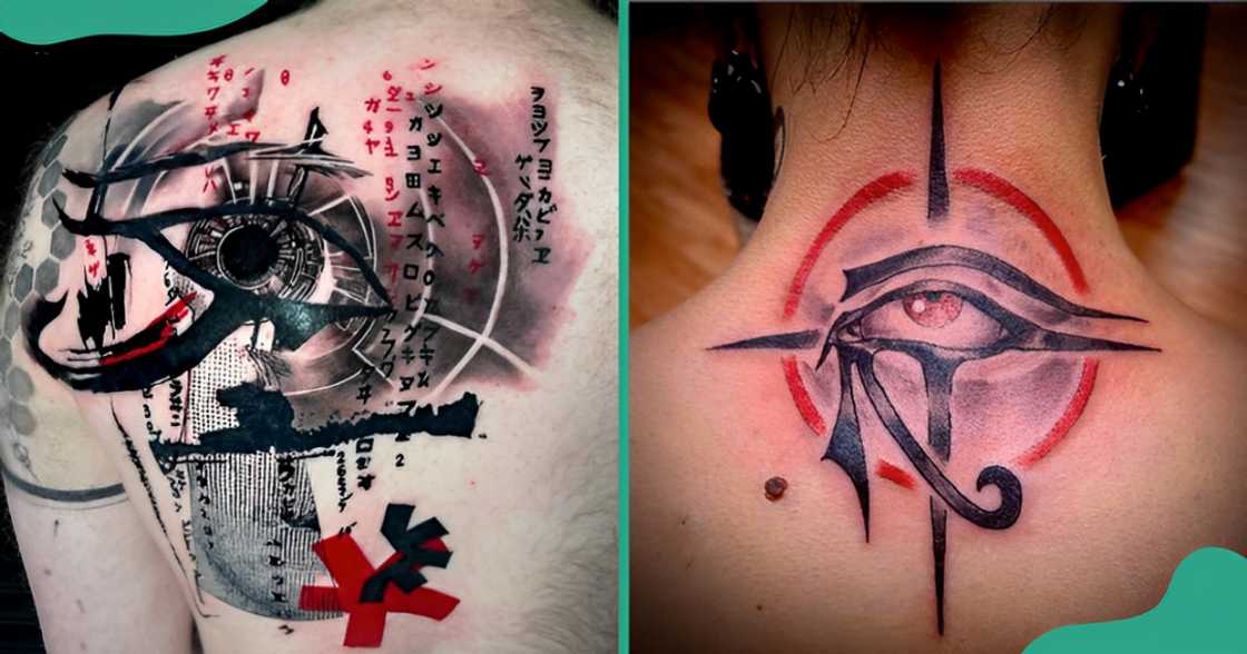 Red and black Eye of Horus tattoos on the shoulder and back Red and black Eye of Horus tattoos on the shoulder and back